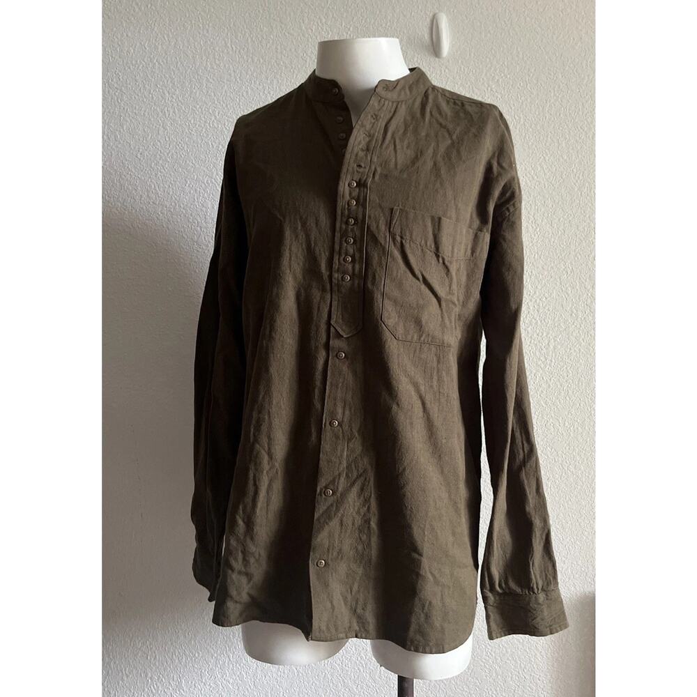 Civilian Irish Grandfather Collarless Shirt Small Dark Army Green Linen Cotton